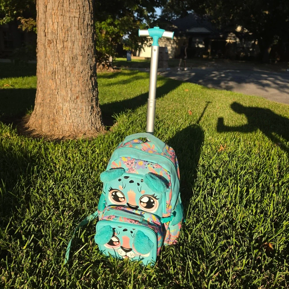 Kids Rolling Backpack and Lunch Box Set Turquoise Leopard Floral 3D Ears